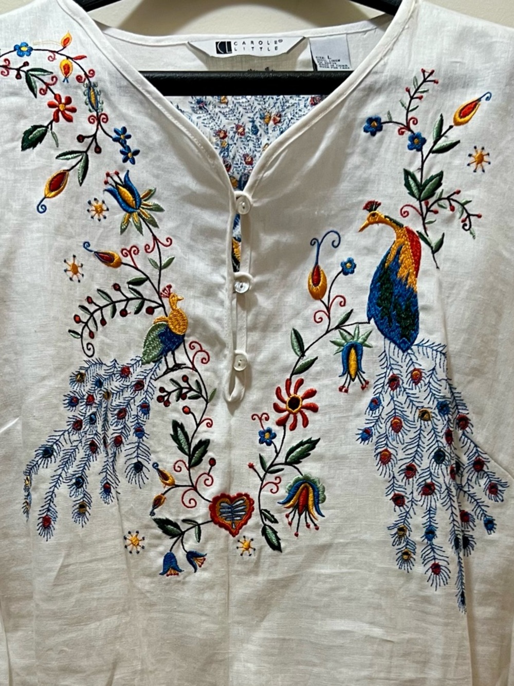 Carole Little White Linen Embroidered Peacock Boho Peasant Blouse Peacock Motif - Picture 5 of 10